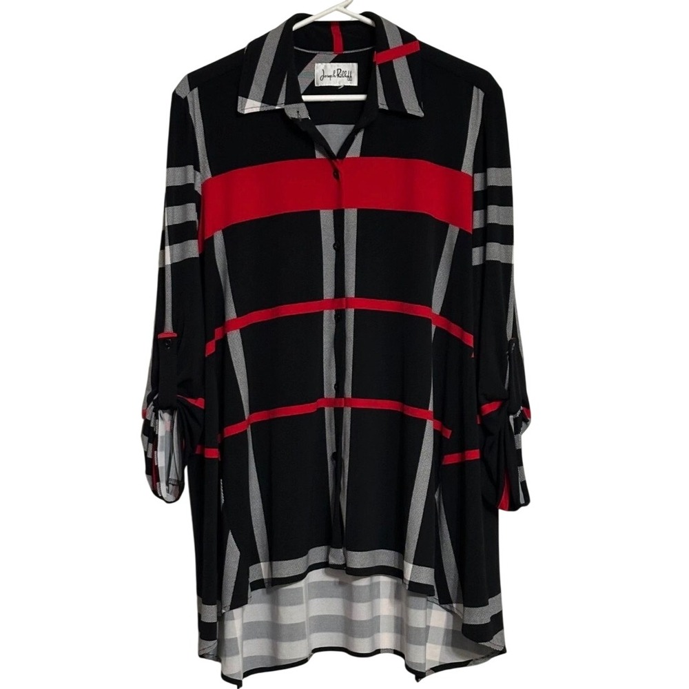 Joseph Ribkoff Top Black Red Plaid High Low Roll Tab Tunic 3/4 sleeve XL